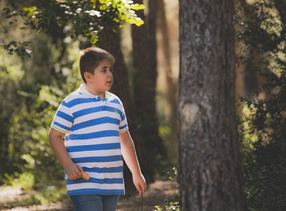 Niño con camiseta de rayas azules y blancas caminando por un bosque.