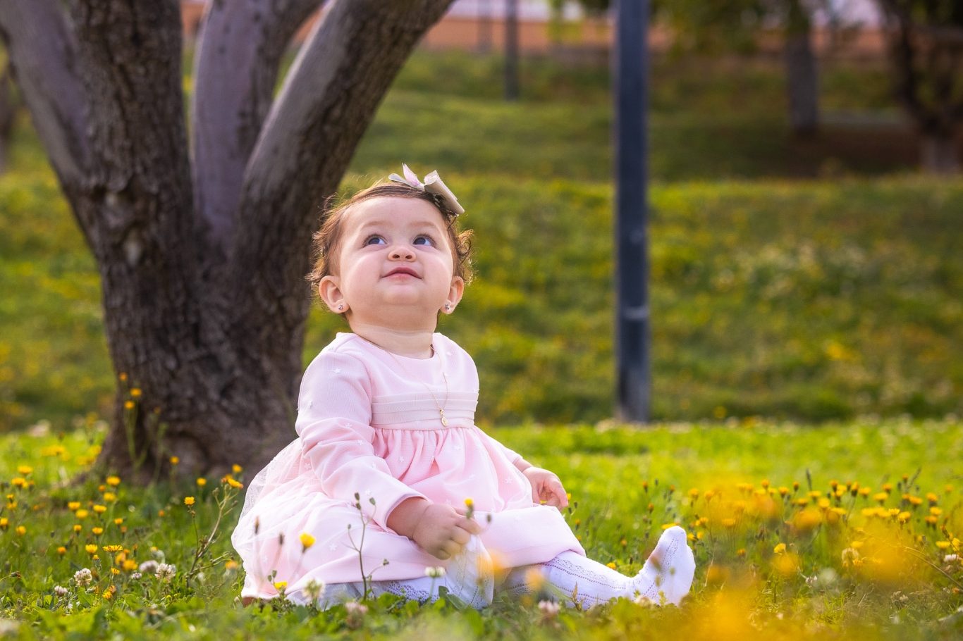 Niña pequeña sentada en la hierba, mirando hacia arriba, con un vestido rosa y un lazo en el cabello.